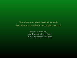 Your spouse must leave immediately for work.
You rush to the car and drive your daughter to school.

                 Because you are late,
               you drive 40 miles per hour
              in a 30 mph speed limit zone.
 