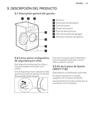 3. DESCRIPCIÓN DEL PRODUCTO
3.1 Descripción general del aparato
1 2 3
5
6
7
4
1 Encimera
2 Dosificador de detergente
3 Panel de control
4 Tirador de la puerta
5 Placa de datos técnicos
6 Filtro de la bomba de desagüe
7 Pata para nivelación del aparato
3.2 Cómo activar el dispositivo
de seguridad para niños
Este dispositivo evitará que los niños o
mascotas queden encerrados en el
tambor.
Gire el dispositivo hacia la derecha hasta
que la ranura esté en posición horizontal.
No se puede cerrar la puerta.
Para cerrar la puerta, gire el dispositivo
hacia la izquierda hasta que la ranura
esté en posición vertical.
3.3 Kit de la placa de fijación
(4055171146)
Disponible en su distribuidor autorizado.
Si instala el aparato en un zócalo,
asegúrelo con las placas de fijación.
Lea atentamente las instrucciones que se
suministran con el accesorio.
ESPAÑOL 33
 