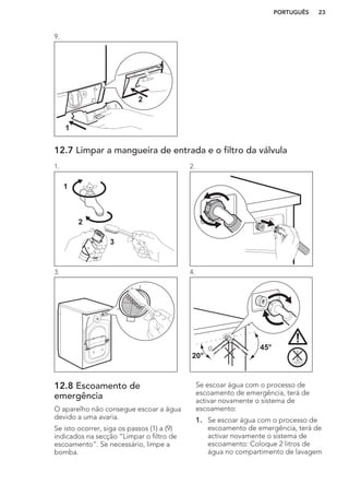 9.
1
2
12.7 Limpar a mangueira de entrada e o filtro da válvula
1.
1
2
3
2.
3. 4.
45°
20°
12.8 Escoamento de
emergência
O aparelho não consegue escoar a água
devido a uma avaria.
Se isto ocorrer, siga os passos (1) a (9)
indicados na secção “Limpar o filtro de
escoamento”. Se necessário, limpe a
bomba.
Se escoar água com o processo de
escoamento de emergência, terá de
activar novamente o sistema de
escoamento:
1. Se escoar água com o processo de
escoamento de emergência, terá de
activar novamente o sistema de
escoamento: Coloque 2 litros de
água no compartimento de lavagem
PORTUGUÊS 23
 