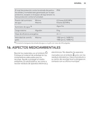 El nivel de protección contra la entrada de partícu-
las sólidas y humedad está garantizado por la tapa
protectora, excepto si el equipo de baja tensión no
tiene protección contra la humedad.
IPX4
Presión del suministro
de agua
Mínima
Máxima
0,5 bares (0,05 MPa)
8 bares (0,8 MPa)
Suministro de agua 1) Agua fría
Carga máxima Algodón 8 kg
Clase de eficiencia energética A+++
Velocidad de centrifu-
gado
Máxima 1200 rpm (L 76285 FL)
1400 rpm (L 76485 FL)
1) Conecte la manguera de entrada de agua a un grifo con rosca de 3/4 pulgadas.
16. ASPECTOS MEDIOAMBIENTALES
Recicle los materiales con el símbolo .
Coloque el material de embalaje en los
contenedores adecuados para su
reciclaje. Ayude a proteger el medio
ambiente y la salud pública, así como a
reciclar residuos de aparatos eléctricos y
electrónicos. No deseche los aparatos
marcados con el símbolo junto con los
residuos domésticos. Lleve el producto a
su centro de reciclaje local o póngase en
contacto con su oficina municipal.
*
ESPAÑOL 55
 