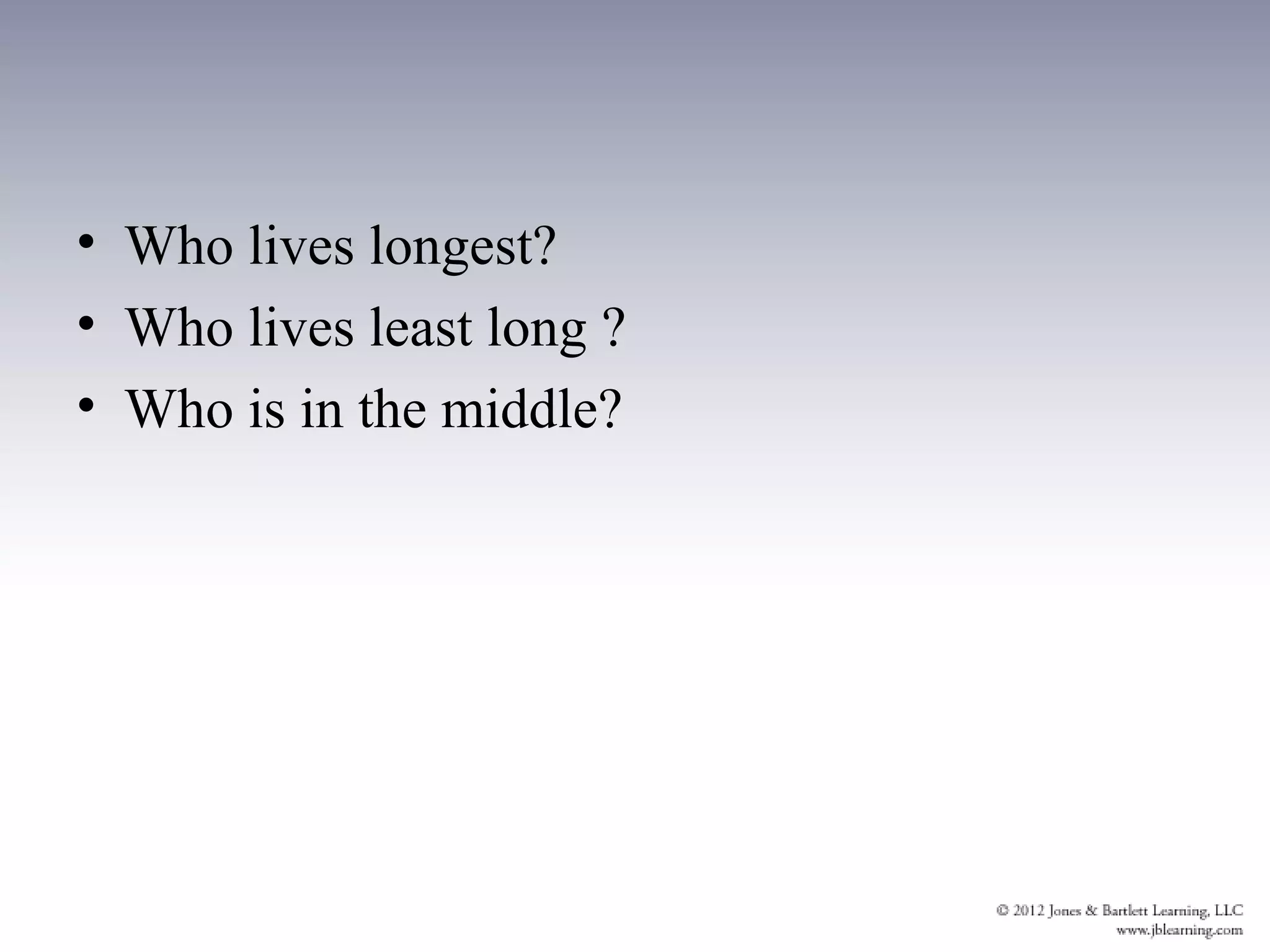 • Who lives longest?
• Who lives least long ?
• Who is in the middle?
 
