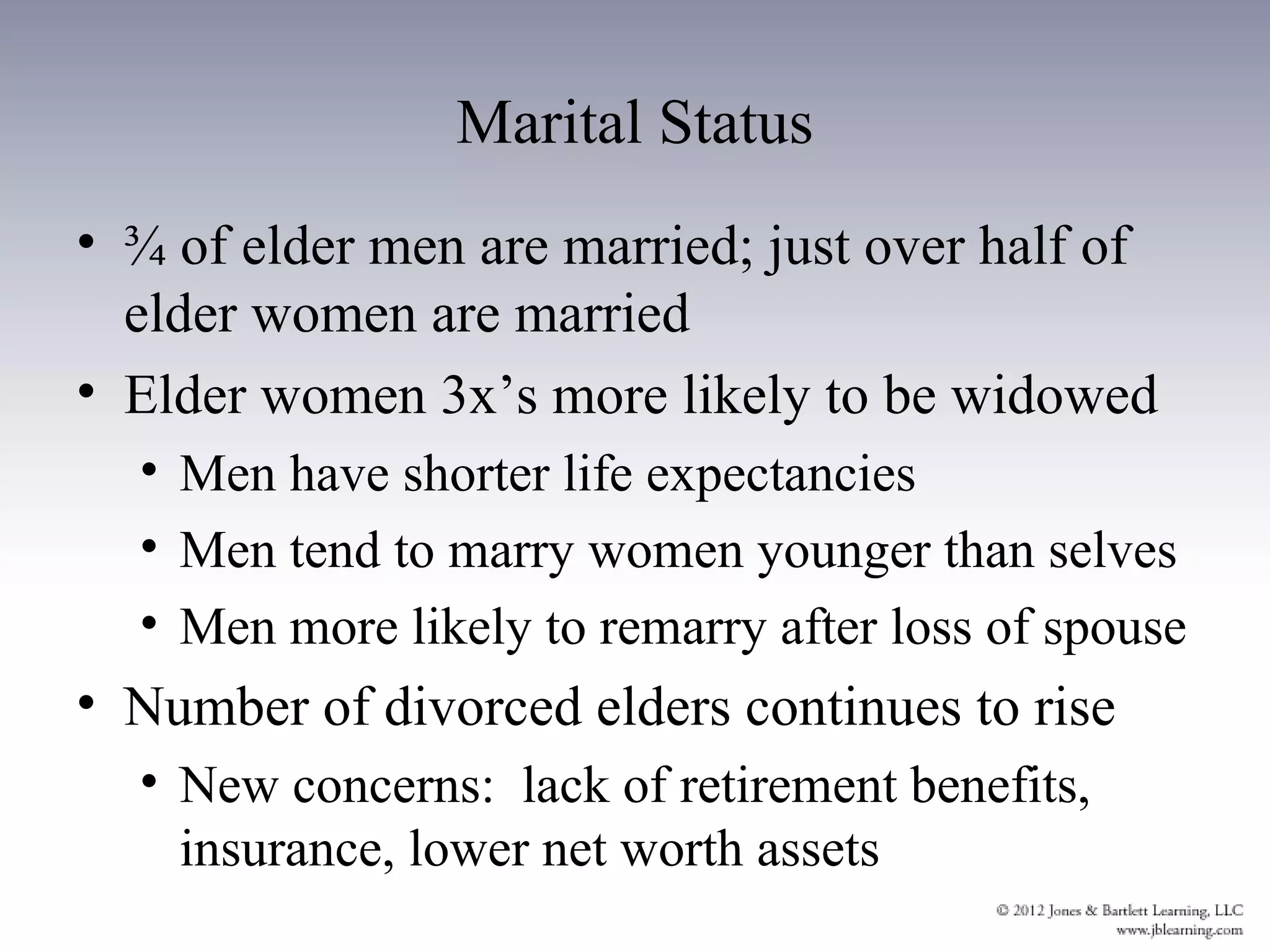 Marital Status
• ¾ of elder men are married; just over half of
  elder women are married
• Elder women 3x’s more likely to be widowed
  • Men have shorter life expectancies
  • Men tend to marry women younger than selves
  • Men more likely to remarry after loss of spouse
• Number of divorced elders continues to rise
  • New concerns: lack of retirement benefits,
    insurance, lower net worth assets
 
