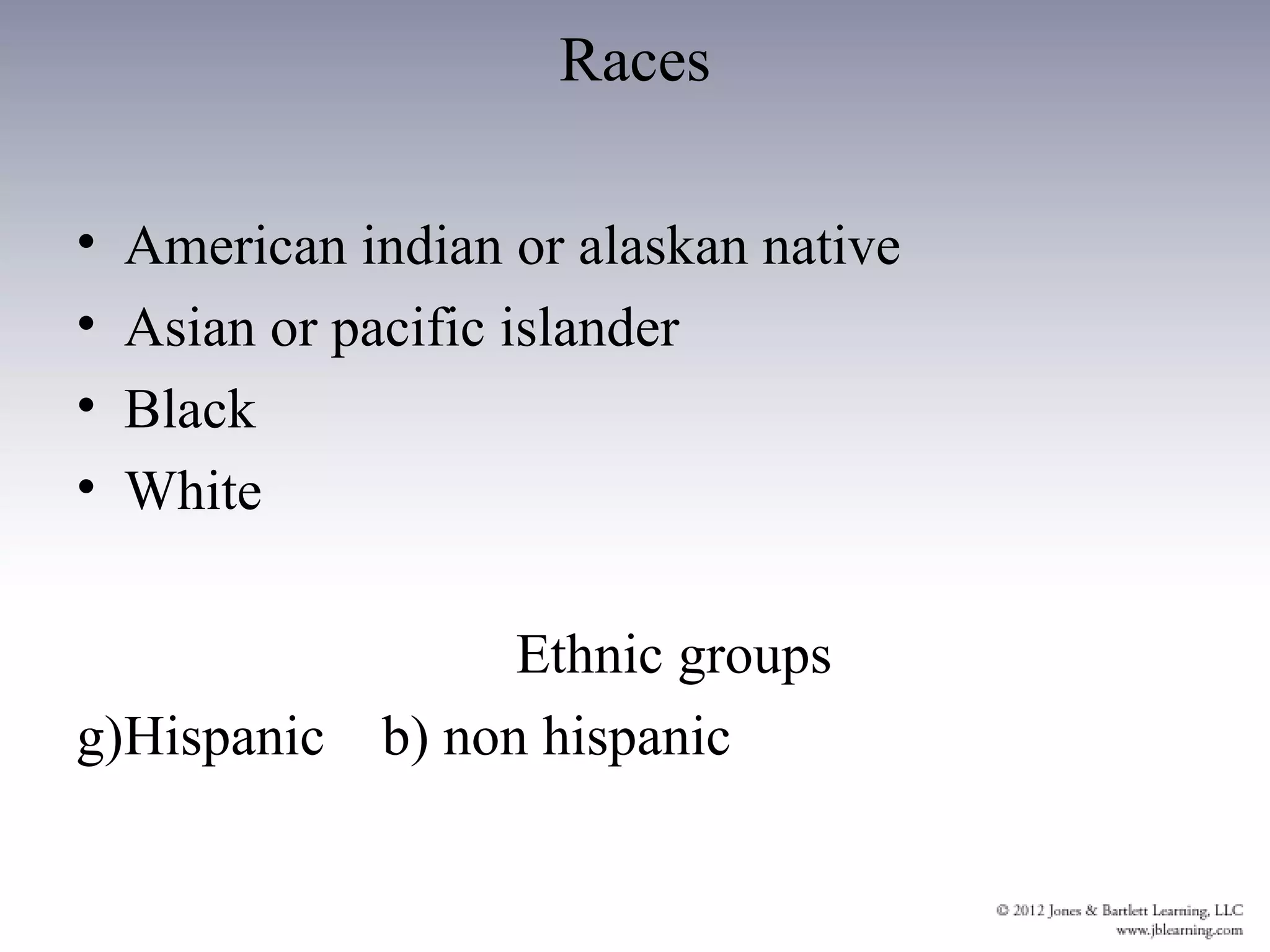 Races

•   American indian or alaskan native
•   Asian or pacific islander
•   Black
•   White

                    Ethnic groups
g)Hispanic    b) non hispanic
 