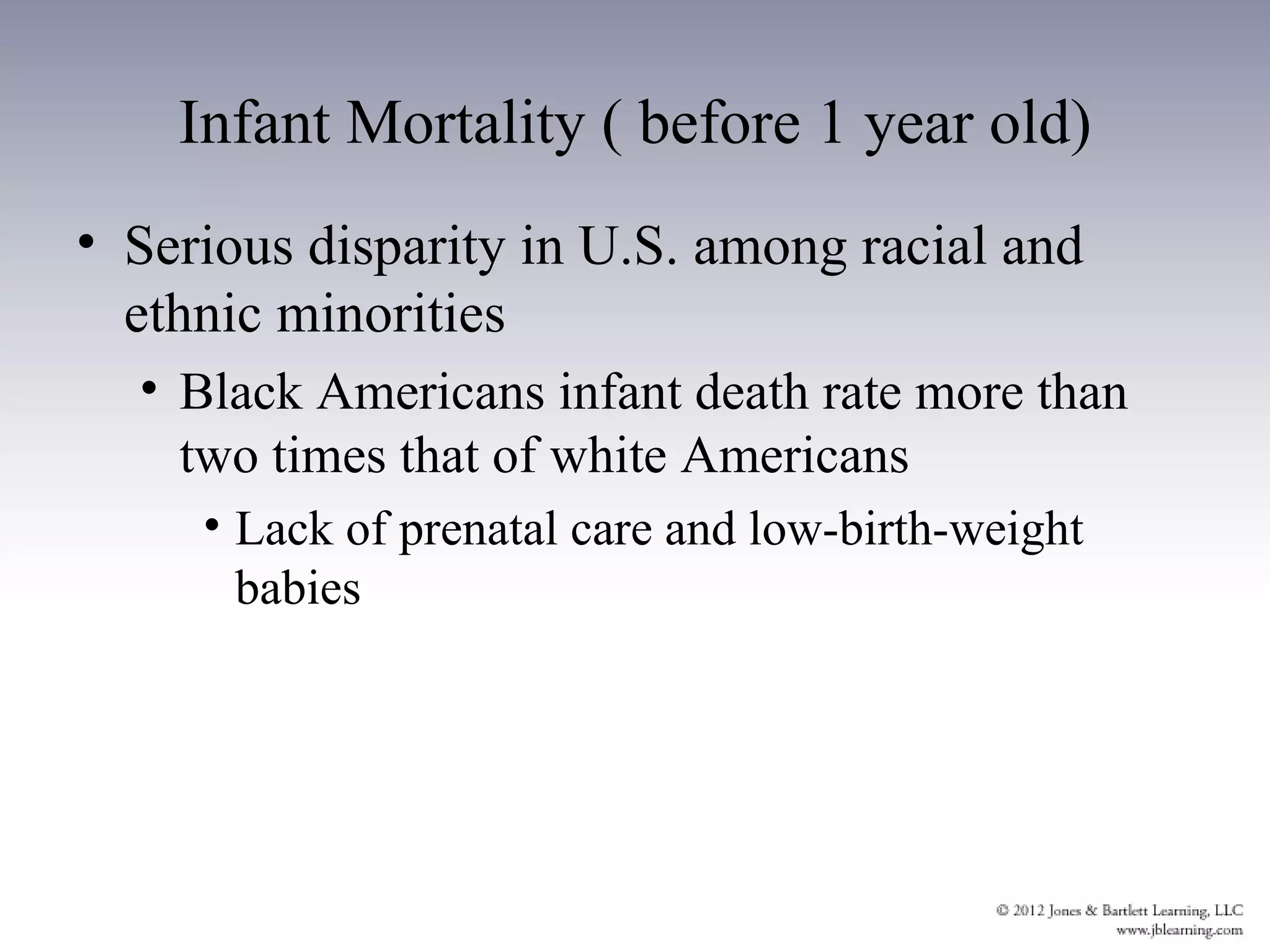 Infant Mortality ( before 1 year old)
• Serious disparity in U.S. among racial and
  ethnic minorities
  • Black Americans infant death rate more than
    two times that of white Americans
     • Lack of prenatal care and low-birth-weight
       babies
 