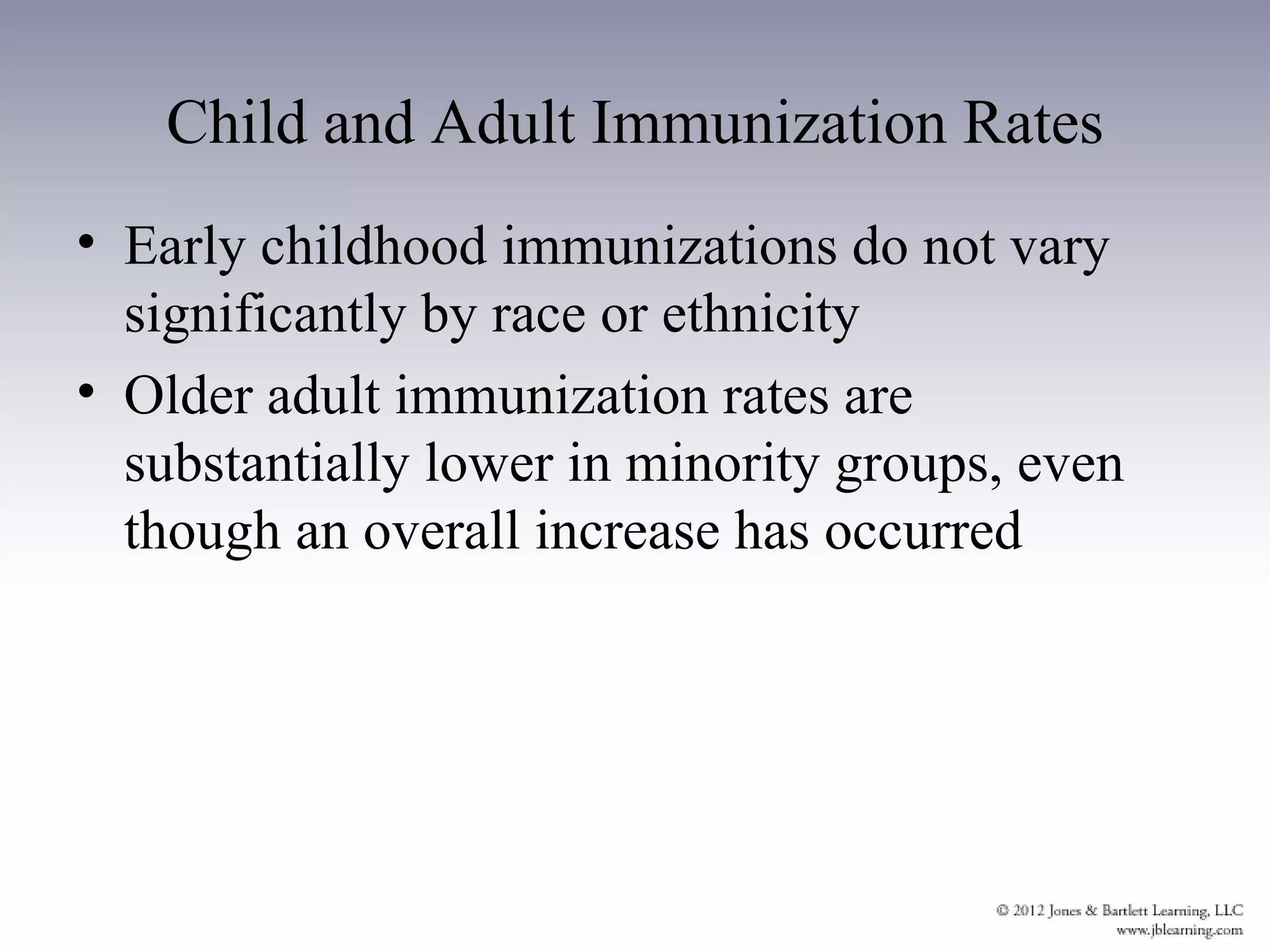 Child and Adult Immunization Rates
• Early childhood immunizations do not vary
  significantly by race or ethnicity
• Older adult immunization rates are
  substantially lower in minority groups, even
  though an overall increase has occurred
 
