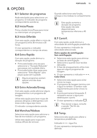 8. OPÇÕES
8.1 Selector de programas
Rode este botão para seleccionar um
programa. O indicador do programa
correspondente acende-se.
8.2 Inicio/Pausa
Prima o botão Inicio/Pausa para iniciar
ou interromper um programa.
8.3 Inicio Diferido
Com esta opção, pode diferir o início de
um programa entre 30 minutos e 20
horas.
O visor apresenta o indicador
correspondente e o tempo de atraso.
8.4 Extra Rapído
Com esta opção, pode diminuir a
duração do programa.
• Prima este botão uma vez para
seleccionar a “Duração Reduzida”
para peças com sujidade diária.
• Prima este botão duas vezes para
seleccionar “Extra Rápido” para
peças quase sem sujidade.
Alguns programas aceitam
apenas uma das duas
opções.
8.5 Extra Aclarado/Enxag.
Com esta opção, pode adicionar alguns
enxaguamentos a um programa de
lavagem.
Utilize esta opção para lavar roupa de
pessoas alérgicas a detergentes e em
áreas onde a água seja macia.
O indicador correspondente acende.
8.6 Manchas/Nódoas
Seleccione esta opção para adicionar a
fase de tira-nódoas a um programa.
Utilize esta opção para roupa com
nódoas difíceis de remover.
Quando seleccionar esta função,
coloque o tira-nódoas no compartimento
.
Esta opção aumenta a
duração do programa.
Esta opção não está
disponível para
temperaturas inferiores a 40
°C.
8.7 Centrif.
Com esta opção, pode diminuir a
velocidade de centrifugação predefinida.
O visor apresenta o indicador da
velocidade seleccionada.
Outra opções de centrifugação:
Sem centrifugação
• Seleccione esta opção para eliminar
as fases de centrifugação.
• Seleccione-a quando lavar tecidos
delicados.
• A fase de enxaguamento utiliza mais
água em alguns programas de
lavagem.
• O visor apresenta o indicador .
Cuba Cheia
• Seleccione esta opção para evitar
vincos na roupa.
• O programa de lavagem termina com
a água no tambor. O tambor roda
regularmente para evitar vincos na
roupa.
• A porta permanece bloqueada. É
necessário escoar a água para
desbloquear a porta.
• O visor apresenta o indicador .
Para escoar a água, consulte
a secção “No fim do
programa”.
8.8 Temp.
Seleccione esta opção para alterar a
temperatura predefinida.
Indicador = água fria.
O visor apresenta a temperatura
definida.
PORTUGUÊS 15
 