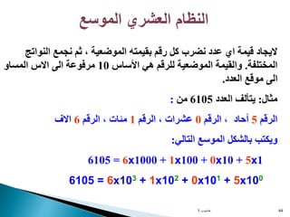 ‫حاسوب‬
1 44
‫الموسع‬ ‫العشري‬ ‫النظام‬
‫النوات‬ ‫نجمع‬ ‫ثم‬ ، ‫الموضعية‬ ‫بقيمته‬ ‫رقم‬ ‫كل‬ ‫نضرب‬ ‫عدد‬ ‫اي‬ ‫قيمة‬ ‫اليجاد‬
‫ج‬
‫المختلفة‬
.
‫األساس‬ ‫هي‬ ‫للرقم‬ ‫الموضعية‬ ‫والقيمة‬
10
‫المساو‬ ‫االس‬ ‫الى‬ ‫مرفوعة‬
‫العدد‬ ‫موقع‬ ‫الى‬
.
‫مثال‬
:
‫العدد‬ ‫يتألف‬
6105
‫من‬
:
‫الرقم‬
5
‫أحاد‬
‫الرقم‬ ،
0
‫الرقم‬ ، ‫عشرات‬
1
‫الرقم‬ ، ‫مئات‬
6
‫االف‬
‫التالي‬ ‫الموسع‬ ‫بالشكل‬ ‫ويكتب‬
:
1
x
5
+
10
x
0
+
100
x
1
+
1000
x
6
=
6105
100
x
5
+
101
x
0
+
102
x
1
+
103
x
6
=
6105
 