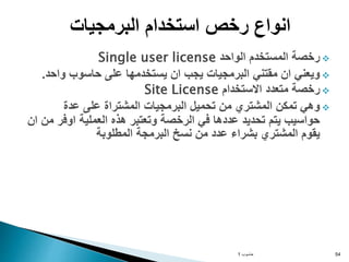 
‫الواحد‬ ‫المستخدم‬ ‫رخصة‬
Single user license

‫واح‬ ‫حاسوب‬ ‫على‬ ‫يستخدمها‬ ‫ان‬ ‫يجب‬ ‫البرمجيات‬ ‫مقتني‬ ‫ان‬ ‫ويعني‬
‫د‬
.

‫االستخدام‬ ‫متعدد‬ ‫رخصة‬
Site License

‫عدة‬ ‫على‬ ‫المشتراة‬ ‫البرمجيات‬ ‫تحميل‬ ‫من‬ ‫المشتري‬ ‫تمكن‬ ‫وهي‬
‫اوفر‬ ‫العملية‬ ‫هذه‬ ‫وتعتبر‬ ‫الرخصة‬ ‫في‬ ‫عددها‬ ‫تحديد‬ ‫يتم‬ ‫حواسيب‬
‫ان‬ ‫من‬
‫المطلوبة‬ ‫البرمجة‬ ‫نسخ‬ ‫من‬ ‫عدد‬ ‫بشراء‬ ‫المشتري‬ ‫يقوم‬
‫حاسوب‬
1 54
‫البرمجيات‬ ‫استخدام‬ ‫رخص‬ ‫انواع‬
 