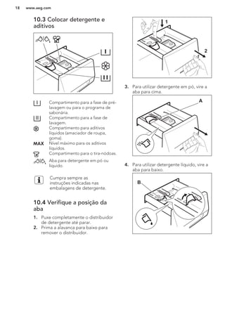 10.3 Colocar detergente e
aditivos
Compartimento para a fase de pré-
lavagem ou para o programa de
sabonária.
Compartimento para a fase de
lavagem.
Compartimento para aditivos
líquidos (amaciador de roupa,
goma).
Nível máximo para os aditivos
líquidos.
Compartimento para o tira-nódoas.
Aba para detergente em pó ou
líquido.
Cumpra sempre as
instruções indicadas nas
embalagens de detergente.
10.4 Verifique a posição da
aba
1. Puxe completamente o distribuidor
de detergente até parar.
2. Prima a alavanca para baixo para
remover o distribuidor.
1
2
3. Para utilizar detergente em pó, vire a
aba para cima.
A
4. Para utilizar detergente líquido, vire a
aba para baixo.
B
www.aeg.com18
 