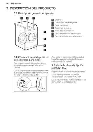 3. DESCRIPCIÓN DEL PRODUCTO
3.1 Descripción general del aparato
1 2 3
5
6
7
4
1 Encimera
2 Dosificador de detergente
3 Panel de control
4 Tirador de la puerta
5 Placa de datos técnicos
6 Filtro de la bomba de desagüe
7 Pata para nivelación del aparato
3.2 Cómo activar el dispositivo
de seguridad para niños
Este dispositivo evitará que los niños o
mascotas queden encerrados en el
tambor.
Gire el dispositivo hacia la derecha hasta
que la ranura esté en posición horizontal.
No se puede cerrar la puerta.
Para cerrar la puerta, gire el dispositivo
hacia la izquierda hasta que la ranura
esté en posición vertical.
3.3 Kit de la placa de fijación
(4055171146)
Disponible en su distribuidor autorizado.
Si instala el aparato en un zócalo,
asegúrelo con las placas de fijación.
Lea atentamente las instrucciones que se
suministran con el accesorio.
www.aeg.com36
 