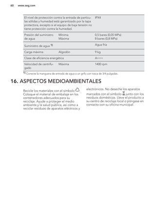El nivel de protección contra la entrada de partícu-
las sólidas y humedad está garantizado por la tapa
protectora, excepto si el equipo de baja tensión no
tiene protección contra la humedad.
IPX4
Presión del suministro
de agua
Mínima
Máxima
0,5 bares (0,05 MPa)
8 bares (0,8 MPa)
Suministro de agua 1) Agua fría
Carga máxima Algodón 9 kg
Clase de eficiencia energética A+++
Velocidad de centrifu-
gado
Máxima 1400 rpm
1) Conecte la manguera de entrada de agua a un grifo con rosca de 3/4 pulgadas.
16. ASPECTOS MEDIOAMBIENTALES
Recicle los materiales con el símbolo .
Coloque el material de embalaje en los
contenedores adecuados para su
reciclaje. Ayude a proteger el medio
ambiente y la salud pública, así como a
reciclar residuos de aparatos eléctricos y
electrónicos. No deseche los aparatos
marcados con el símbolo junto con los
residuos domésticos. Lleve el producto a
su centro de reciclaje local o póngase en
contacto con su oficina municipal.
*
www.aeg.com60
 