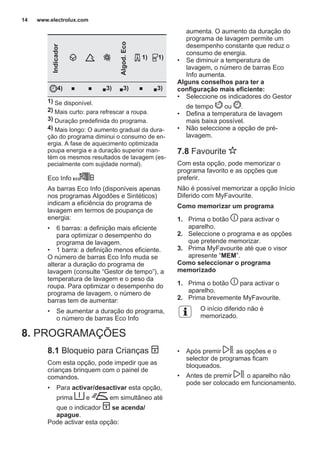 Indicador
Algod.Eco
1) 1)
4) ■ ■ ■3) ■3) ■ ■3)
1) Se disponível.
2) Mais curto: para refrescar a roupa.
3) Duração predefinida do programa.
4) Mais longo: O aumento gradual da dura‐
ção do programa diminui o consumo de en‐
ergia. A fase de aquecimento optimizada
poupa energia e a duração superior man‐
tém os mesmos resultados de lavagem (es‐
pecialmente com sujidade normal).
Eco Info
As barras Eco Info (disponíveis apenas
nos programas Algodões e Sintéticos)
indicam a eficiência do programa de
lavagem em termos de poupança de
energia:
• 6 barras: a definição mais eficiente
para optimizar o desempenho do
programa de lavagem.
• 1 barra: a definição menos eficiente.
O número de barras Eco Info muda se
alterar a duração do programa de
lavagem (consulte “Gestor de tempo”), a
temperatura de lavagem e o peso da
roupa. Para optimizar o desempenho do
programa de lavagem, o número de
barras tem de aumentar:
• Se aumentar a duração do programa,
o número de barras Eco Info
aumenta. O aumento da duração do
programa de lavagem permite um
desempenho constante que reduz o
consumo de energia.
• Se diminuir a temperatura de
lavagem, o número de barras Eco
Info aumenta.
Alguns conselhos para ter a
configuração mais eficiente:
• Seleccione os indicadores do Gestor
de tempo ou .
• Defina a temperatura de lavagem
mais baixa possível.
• Não seleccione a opção de pré-
lavagem.
7.8 Favourite
Com esta opção, pode memorizar o
programa favorito e as opções que
preferir.
Não é possível memorizar a opção Início
Diferido com MyFavourite.
Como memorizar um programa
1. Prima o botão para activar o
aparelho.
2. Seleccione o programa e as opções
que pretende memorizar.
3. Prima MyFavourite até que o visor
apresente “MEM”.
Como seleccionar o programa
memorizado
1. Prima o botão para activar o
aparelho.
2. Prima brevemente MyFavourite.
O início diferido não é
memorizado.
8. PROGRAMAÇÕES
8.1 Bloqueio para Crianças
Com esta opção, pode impedir que as
crianças brinquem com o painel de
comandos.
• Para activar/desactivar esta opção,
prima e em simultâneo até
que o indicador se acenda/
apague.
Pode activar esta opção:
• Após premir : as opções e o
selector de programas ficam
bloqueados.
• Antes de premir : o aparelho não
pode ser colocado em funcionamento.
www.electrolux.com14
 
