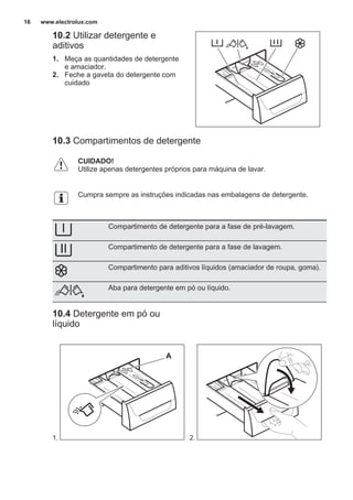 10.2 Utilizar detergente e
aditivos
1. Meça as quantidades de detergente
e amaciador.
2. Feche a gaveta do detergente com
cuidado
10.3 Compartimentos de detergente
CUIDADO!
Utilize apenas detergentes próprios para máquina de lavar.
Cumpra sempre as instruções indicadas nas embalagens de detergente.
Compartimento de detergente para a fase de pré-lavagem.
Compartimento de detergente para a fase de lavagem.
Compartimento para aditivos líquidos (amaciador de roupa, goma).
Aba para detergente em pó ou líquido.
10.4 Detergente em pó ou
líquido
1.
A
2.
www.electrolux.com16
 