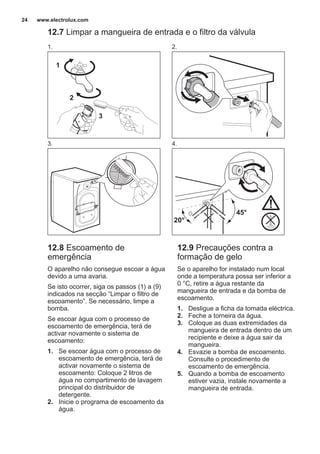 12.7 Limpar a mangueira de entrada e o filtro da válvula
1.
1
2
3
2.
3. 4.
45°
20°
12.8 Escoamento de
emergência
O aparelho não consegue escoar a água
devido a uma avaria.
Se isto ocorrer, siga os passos (1) a (9)
indicados na secção “Limpar o filtro de
escoamento”. Se necessário, limpe a
bomba.
Se escoar água com o processo de
escoamento de emergência, terá de
activar novamente o sistema de
escoamento:
1. Se escoar água com o processo de
escoamento de emergência, terá de
activar novamente o sistema de
escoamento: Coloque 2 litros de
água no compartimento de lavagem
principal do distribuidor de
detergente.
2. Inicie o programa de escoamento da
água.
12.9 Precauções contra a
formação de gelo
Se o aparelho for instalado num local
onde a temperatura possa ser inferior a
0 °C, retire a água restante da
mangueira de entrada e da bomba de
escoamento.
1. Desligue a ficha da tomada eléctrica.
2. Feche a torneira da água.
3. Coloque as duas extremidades da
mangueira de entrada dentro de um
recipiente e deixe a água sair da
mangueira.
4. Esvazie a bomba de escoamento.
Consulte o procedimento de
escoamento de emergência.
5. Quando a bomba de escoamento
estiver vazia, instale novamente a
mangueira de entrada.
www.electrolux.com24
 