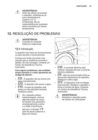 ADVERTÊNCIA!
Antes de utilizar novamente
o aparelho, certifique-se de
que a temperatura é
superior a 0 °C.
O fabricante não se
responsabiliza por quaisquer
danos causados por baixas
temperaturas.
13. RESOLUÇÃO DE PROBLEMAS
ADVERTÊNCIA!
Consulte os capítulos
relativos à segurança.
13.1 Introdução
O aparelho não entra em funcionamento
ou pára durante o funcionamento.
Comece por tentar encontrar uma
solução para o problema (consulte a
tabela). Se não conseguir, contacte um
Centro de Assistência Técnica
Autorizado.
Com alguns problemas, são emitidos
sinais sonoros e o visor apresenta um
código de alarme:
• - O aparelho não se enche com
água correctamente.
• - O aparelho não escoa a água.
• - A porta do aparelho está
aberta ou não está bem fechada.
Verifique a porta.
Se o aparelho estiver
sobrecarregado, remova
algumas peças de roupa
do tambor e/ou pressione
simultaneamente a porta
e o botão Inicio/Pausa
até que o indicador
pare de piscar (observe a
figura em baixo).
• - A corrente eléctrica está
instável. Aguarde até que a corrente
eléctrica estabilize.
• - Não há comunicação entre os
elementos electrónicos do aparelho.
Desligue e volte a ligar.
• - O dispositivo anti-inundação
está activado. Desligue o aparelho e
feche a torneira da água. Contacte
um Centro de Assistência Técnica
Autorizado.
ADVERTÊNCIA!
Desactive o aparelho antes
de realizar as verificações.
PORTUGUÊS 25
 