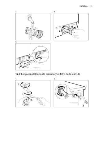 7. 8.
1
2
9.
1
2
12.7 Limpieza del tubo de entrada y el filtro de la válvula
1.
1
2
3
2.
ESPAÑOL 51
 