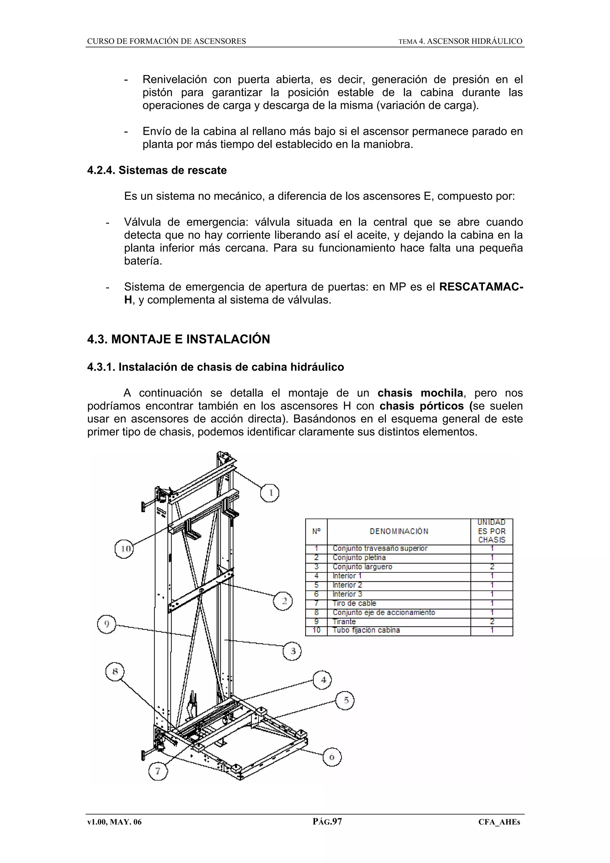 CURSO DE FORMACIÓN DE ASCENSORES

TEMA 4. ASCENSOR HIDRÁULICO

-

Renivelación con puerta abierta, es decir, generación de presión en el
pistón para garantizar la posición estable de la cabina durante las
operaciones de carga y descarga de la misma (variación de carga).

-

Envío de la cabina al rellano más bajo si el ascensor permanece parado en
planta por más tiempo del establecido en la maniobra.

4.2.4. Sistemas de rescate
Es un sistema no mecánico, a diferencia de los ascensores E, compuesto por:
-

Válvula de emergencia: válvula situada en la central que se abre cuando
detecta que no hay corriente liberando así el aceite, y dejando la cabina en la
planta inferior más cercana. Para su funcionamiento hace falta una pequeña
batería.

-

Sistema de emergencia de apertura de puertas: en MP es el RESCATAMACH, y complementa al sistema de válvulas.

4.3. MONTAJE E INSTALACIÓN
4.3.1. Instalación de chasis de cabina hidráulico
A continuación se detalla el montaje de un chasis mochila, pero nos
podríamos encontrar también en los ascensores H con chasis pórticos (se suelen
usar en ascensores de acción directa). Basándonos en el esquema general de este
primer tipo de chasis, podemos identificar claramente sus distintos elementos.

v1.00, MAY. 06

PÁG.97

CFA_AHEs

 