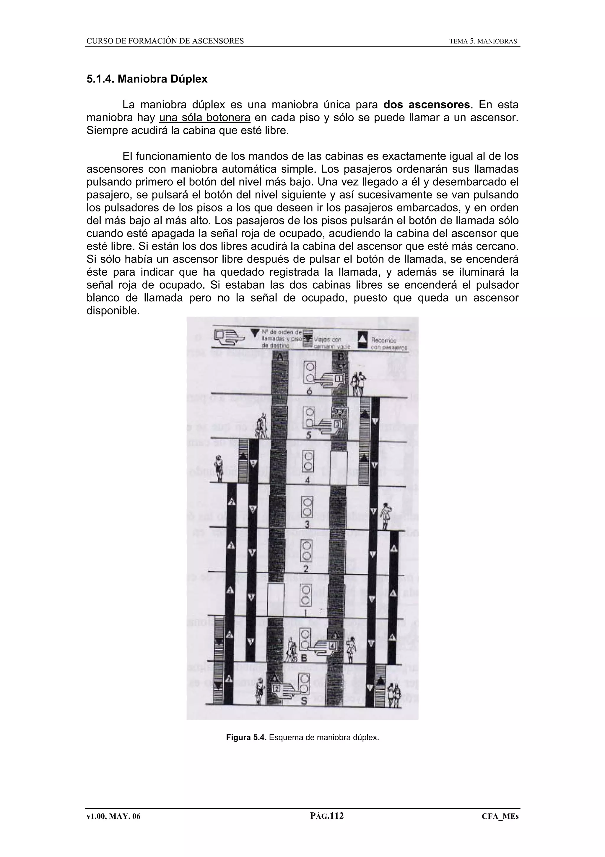 CURSO DE FORMACIÓN DE ASCENSORES

TEMA 5. MANIOBRAS

5.1.4. Maniobra Dúplex
La maniobra dúplex es una maniobra única para dos ascensores. En esta
maniobra hay una sóla botonera en cada piso y sólo se puede llamar a un ascensor.
Siempre acudirá la cabina que esté libre.
El funcionamiento de los mandos de las cabinas es exactamente igual al de los
ascensores con maniobra automática simple. Los pasajeros ordenarán sus llamadas
pulsando primero el botón del nivel más bajo. Una vez llegado a él y desembarcado el
pasajero, se pulsará el botón del nivel siguiente y así sucesivamente se van pulsando
los pulsadores de los pisos a los que deseen ir los pasajeros embarcados, y en orden
del más bajo al más alto. Los pasajeros de los pisos pulsarán el botón de llamada sólo
cuando esté apagada la señal roja de ocupado, acudiendo la cabina del ascensor que
esté libre. Si están los dos libres acudirá la cabina del ascensor que esté más cercano.
Si sólo había un ascensor libre después de pulsar el botón de llamada, se encenderá
éste para indicar que ha quedado registrada la llamada, y además se iluminará la
señal roja de ocupado. Si estaban las dos cabinas libres se encenderá el pulsador
blanco de llamada pero no la señal de ocupado, puesto que queda un ascensor
disponible.

Figura 5.4. Esquema de maniobra dúplex.

v1.00, MAY. 06

PÁG.112

CFA_MEs

 