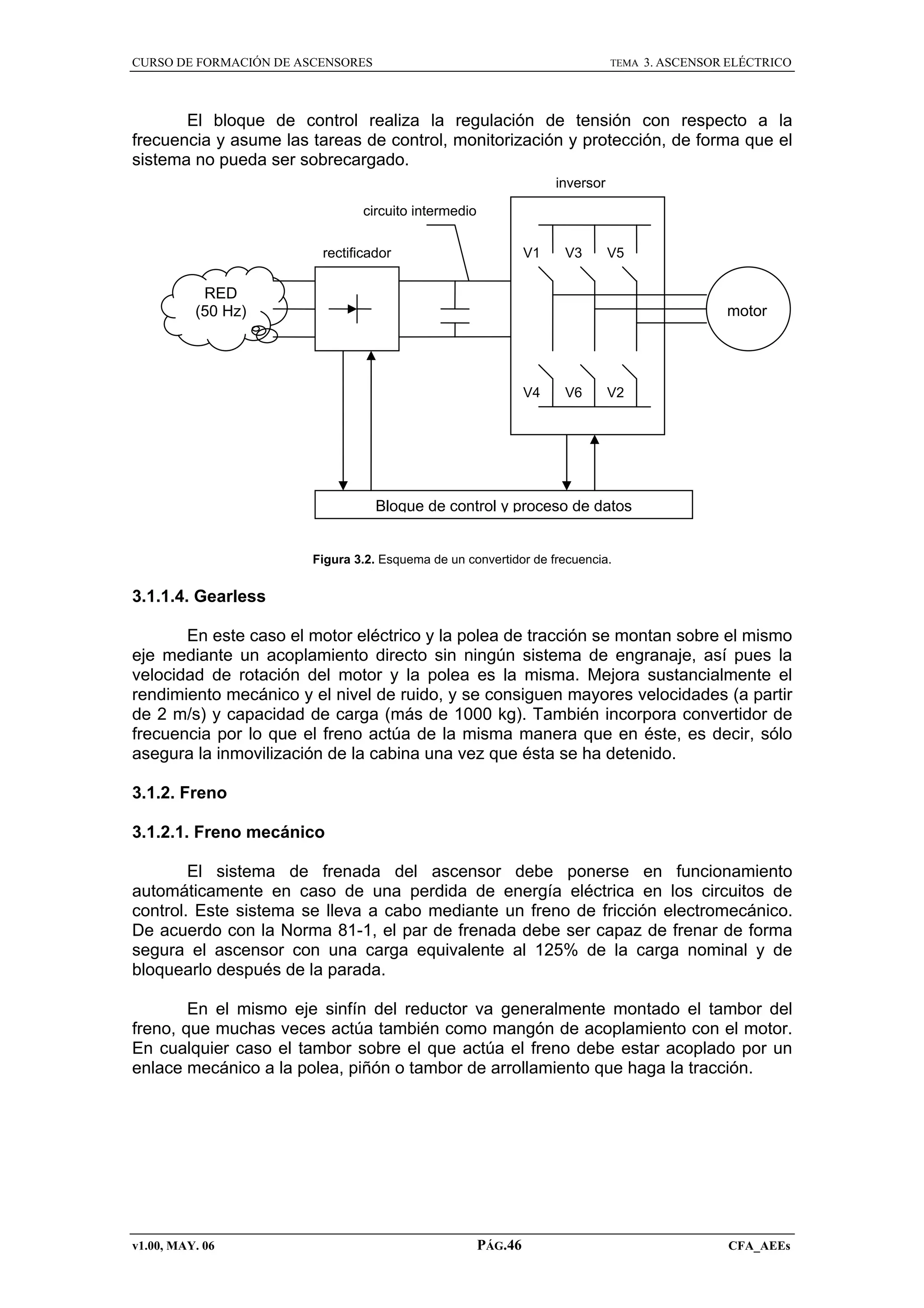 CURSO DE FORMACIÓN DE ASCENSORES

TEMA

3. ASCENSOR ELÉCTRICO

El bloque de control realiza la regulación de tensión con respecto a la
frecuencia y asume las tareas de control, monitorización y protección, de forma que el
sistema no pueda ser sobrecargado.
inversor
circuito intermedio
rectificador

V1

V3

V5

RED
(50 Hz)

motor

V4

V6

V2

Bloque de control y proceso de datos

Figura 3.2. Esquema de un convertidor de frecuencia.

3.1.1.4. Gearless
En este caso el motor eléctrico y la polea de tracción se montan sobre el mismo
eje mediante un acoplamiento directo sin ningún sistema de engranaje, así pues la
velocidad de rotación del motor y la polea es la misma. Mejora sustancialmente el
rendimiento mecánico y el nivel de ruido, y se consiguen mayores velocidades (a partir
de 2 m/s) y capacidad de carga (más de 1000 kg). También incorpora convertidor de
frecuencia por lo que el freno actúa de la misma manera que en éste, es decir, sólo
asegura la inmovilización de la cabina una vez que ésta se ha detenido.
3.1.2. Freno
3.1.2.1. Freno mecánico
El sistema de frenada del ascensor debe ponerse en funcionamiento
automáticamente en caso de una perdida de energía eléctrica en los circuitos de
control. Este sistema se lleva a cabo mediante un freno de fricción electromecánico.
De acuerdo con la Norma 81-1, el par de frenada debe ser capaz de frenar de forma
segura el ascensor con una carga equivalente al 125% de la carga nominal y de
bloquearlo después de la parada.
En el mismo eje sinfín del reductor va generalmente montado el tambor del
freno, que muchas veces actúa también como mangón de acoplamiento con el motor.
En cualquier caso el tambor sobre el que actúa el freno debe estar acoplado por un
enlace mecánico a la polea, piñón o tambor de arrollamiento que haga la tracción.

v1.00, MAY. 06

PÁG.46

CFA_AEEs

 