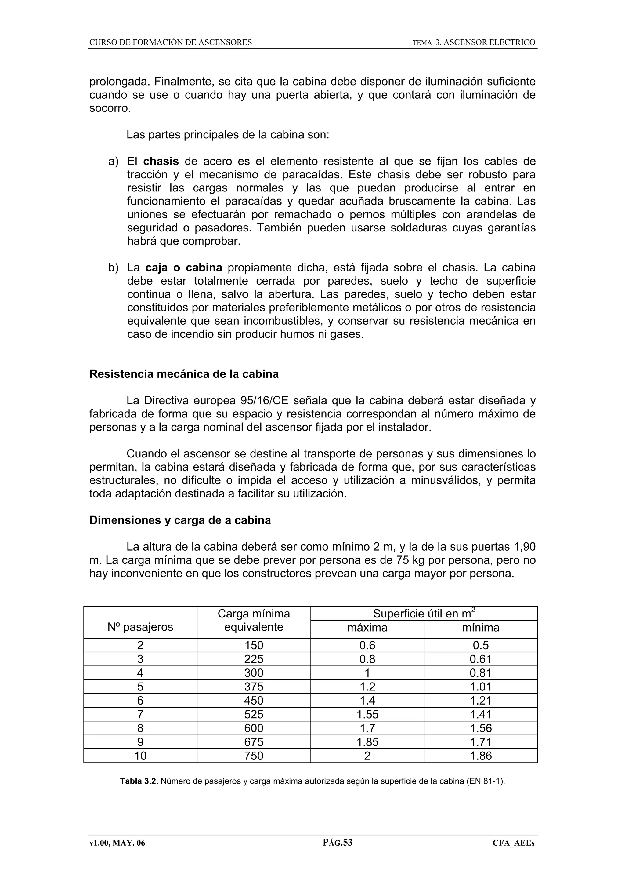 CURSO DE FORMACIÓN DE ASCENSORES

TEMA

3. ASCENSOR ELÉCTRICO

prolongada. Finalmente, se cita que la cabina debe disponer de iluminación suficiente
cuando se use o cuando hay una puerta abierta, y que contará con iluminación de
socorro.
Las partes principales de la cabina son:
a) El chasis de acero es el elemento resistente al que se fijan los cables de
tracción y el mecanismo de paracaídas. Este chasis debe ser robusto para
resistir las cargas normales y las que puedan producirse al entrar en
funcionamiento el paracaídas y quedar acuñada bruscamente la cabina. Las
uniones se efectuarán por remachado o pernos múltiples con arandelas de
seguridad o pasadores. También pueden usarse soldaduras cuyas garantías
habrá que comprobar.
b) La caja o cabina propiamente dicha, está fijada sobre el chasis. La cabina
debe estar totalmente cerrada por paredes, suelo y techo de superficie
continua o llena, salvo la abertura. Las paredes, suelo y techo deben estar
constituidos por materiales preferiblemente metálicos o por otros de resistencia
equivalente que sean incombustibles, y conservar su resistencia mecánica en
caso de incendio sin producir humos ni gases.

Resistencia mecánica de la cabina
La Directiva europea 95/16/CE señala que la cabina deberá estar diseñada y
fabricada de forma que su espacio y resistencia correspondan al número máximo de
personas y a la carga nominal del ascensor fijada por el instalador.
Cuando el ascensor se destine al transporte de personas y sus dimensiones lo
permitan, la cabina estará diseñada y fabricada de forma que, por sus características
estructurales, no dificulte o impida el acceso y utilización a minusválidos, y permita
toda adaptación destinada a facilitar su utilización.
Dimensiones y carga de a cabina
La altura de la cabina deberá ser como mínimo 2 m, y la de la sus puertas 1,90
m. La carga mínima que se debe prever por persona es de 75 kg por persona, pero no
hay inconveniente en que los constructores prevean una carga mayor por persona.

Nº pasajeros

Carga mínima
equivalente

2
3
4
5
6
7
8
9
10

Superficie útil en m2
máxima
mínima

150
225
300
375
450
525
600
675
750

0.6
0.8
1
1.2
1.4
1.55
1.7
1.85
2

0.5
0.61
0.81
1.01
1.21
1.41
1.56
1.71
1.86

Tabla 3.2. Número de pasajeros y carga máxima autorizada según la superficie de la cabina (EN 81-1).

v1.00, MAY. 06

PÁG.53

CFA_AEEs

 