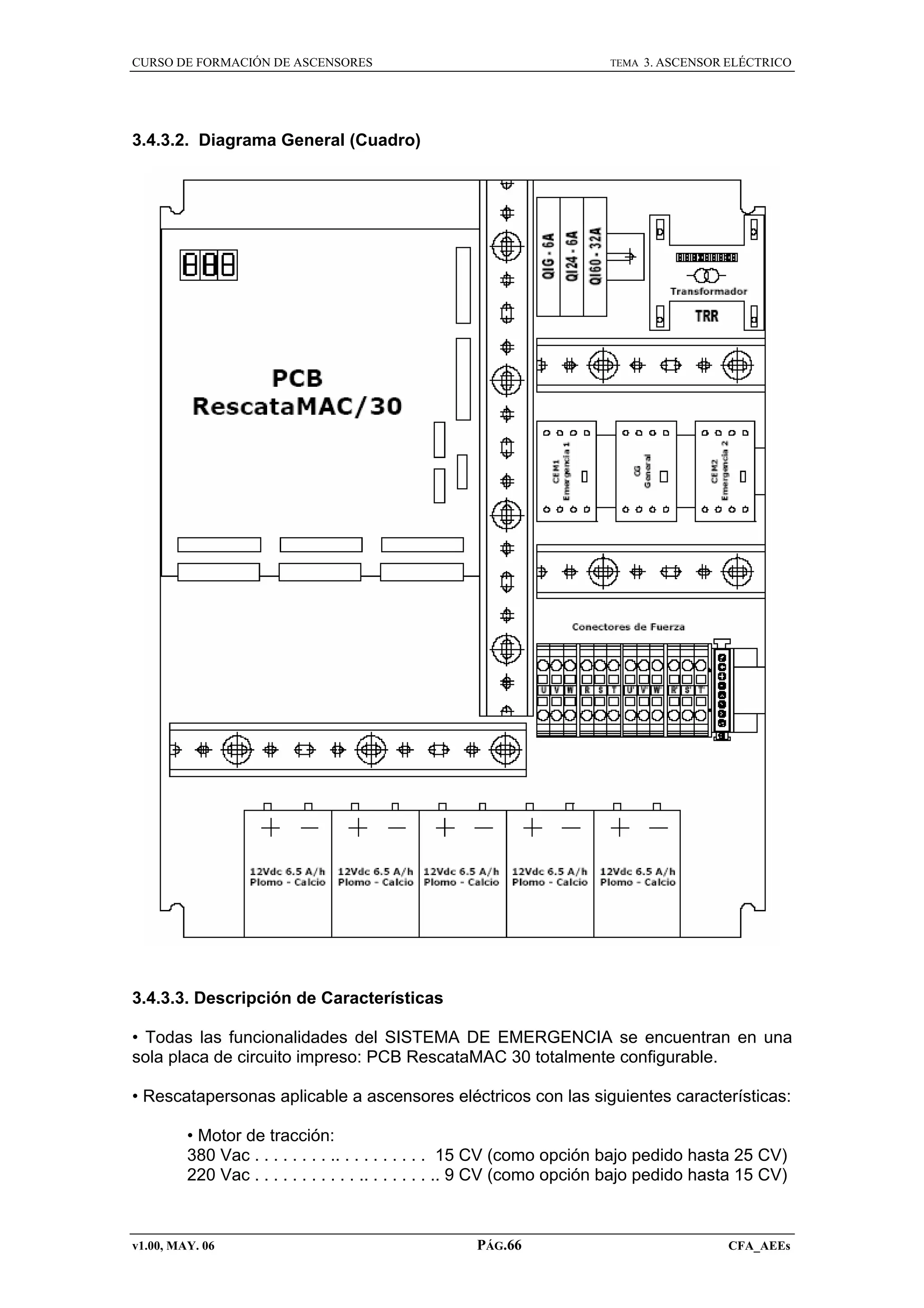 CURSO DE FORMACIÓN DE ASCENSORES

TEMA

3. ASCENSOR ELÉCTRICO

3.4.3.2. Diagrama General (Cuadro)

3.4.3.3. Descripción de Características
• Todas las funcionalidades del SISTEMA DE EMERGENCIA se encuentran en una
sola placa de circuito impreso: PCB RescataMAC 30 totalmente configurable.
• Rescatapersonas aplicable a ascensores eléctricos con las siguientes características:
• Motor de tracción:
380 Vac . . . . . . . . .. . . . . . . . . . 15 CV (como opción bajo pedido hasta 25 CV)
220 Vac . . . . . . . . . . . .. . . . . . . .. 9 CV (como opción bajo pedido hasta 15 CV)

v1.00, MAY. 06

PÁG.66

CFA_AEEs

 