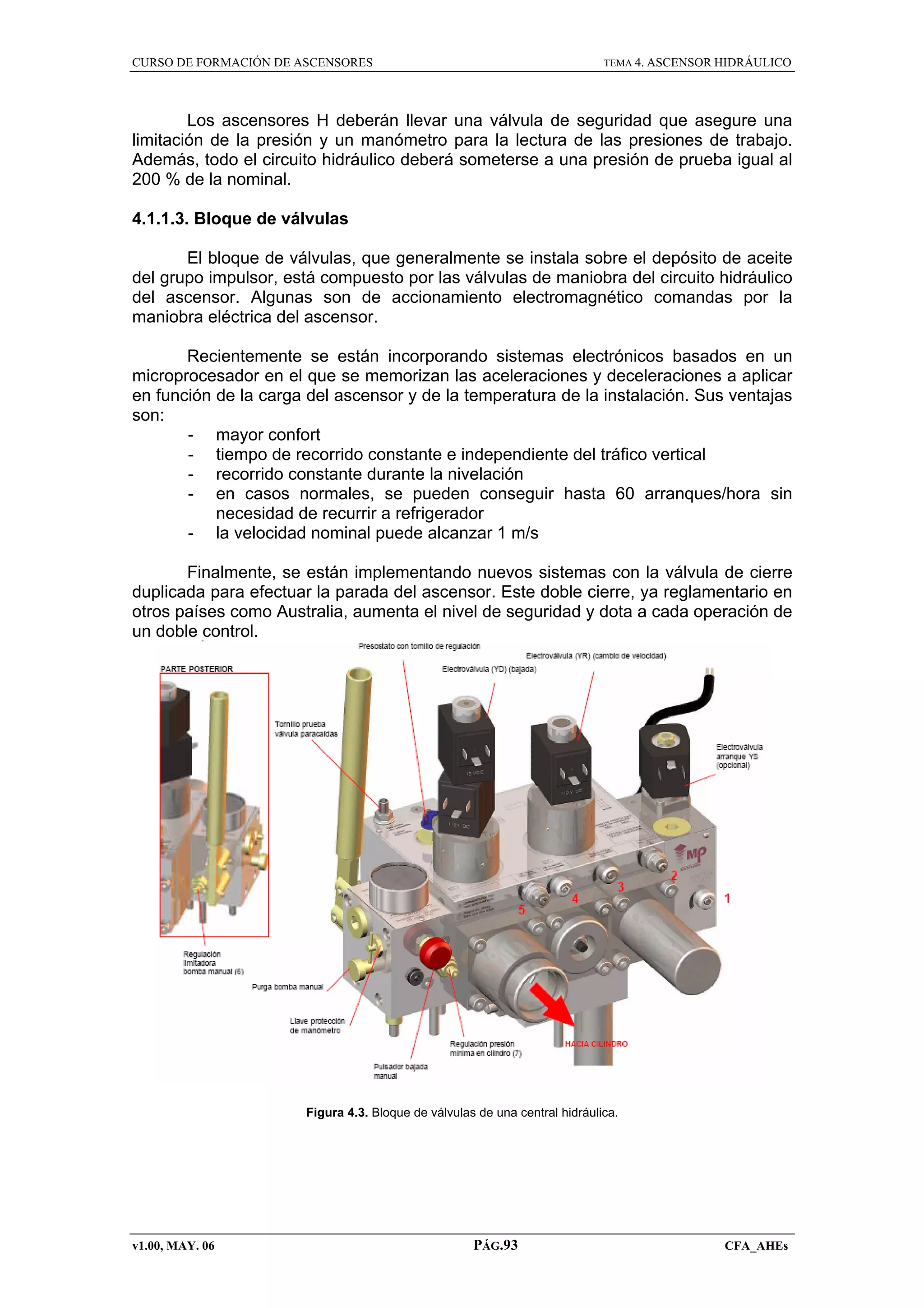 CURSO DE FORMACIÓN DE ASCENSORES

TEMA 4. ASCENSOR HIDRÁULICO

Los ascensores H deberán llevar una válvula de seguridad que asegure una
limitación de la presión y un manómetro para la lectura de las presiones de trabajo.
Además, todo el circuito hidráulico deberá someterse a una presión de prueba igual al
200 % de la nominal.
4.1.1.3. Bloque de válvulas
El bloque de válvulas, que generalmente se instala sobre el depósito de aceite
del grupo impulsor, está compuesto por las válvulas de maniobra del circuito hidráulico
del ascensor. Algunas son de accionamiento electromagnético comandas por la
maniobra eléctrica del ascensor.
Recientemente se están incorporando sistemas electrónicos basados en un
microprocesador en el que se memorizan las aceleraciones y deceleraciones a aplicar
en función de la carga del ascensor y de la temperatura de la instalación. Sus ventajas
son:
- mayor confort
- tiempo de recorrido constante e independiente del tráfico vertical
- recorrido constante durante la nivelación
- en casos normales, se pueden conseguir hasta 60 arranques/hora sin
necesidad de recurrir a refrigerador
- la velocidad nominal puede alcanzar 1 m/s
Finalmente, se están implementando nuevos sistemas con la válvula de cierre
duplicada para efectuar la parada del ascensor. Este doble cierre, ya reglamentario en
otros países como Australia, aumenta el nivel de seguridad y dota a cada operación de
un doble control.

Figura 4.3. Bloque de válvulas de una central hidráulica.

v1.00, MAY. 06

PÁG.93

CFA_AHEs

 