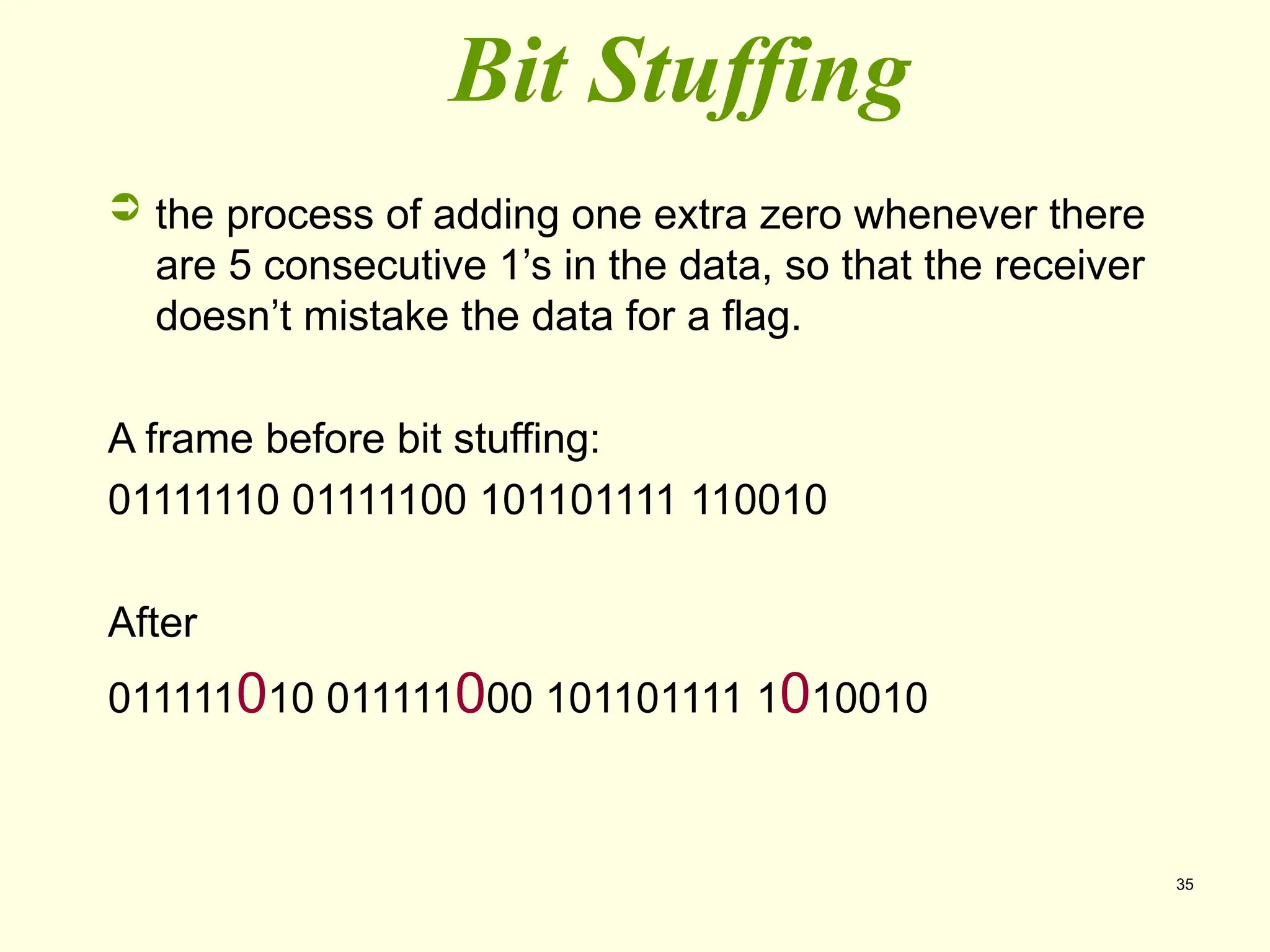 35
Bit Stuffing
 the process of adding one extra zero whenever there
are 5 consecutive 1’s in the data, so that the receiver
doesn’t mistake the data for a flag.
A frame before bit stuffing:
01111110 01111100 101101111 110010
After
011111010 011111000 101101111 1010010
 