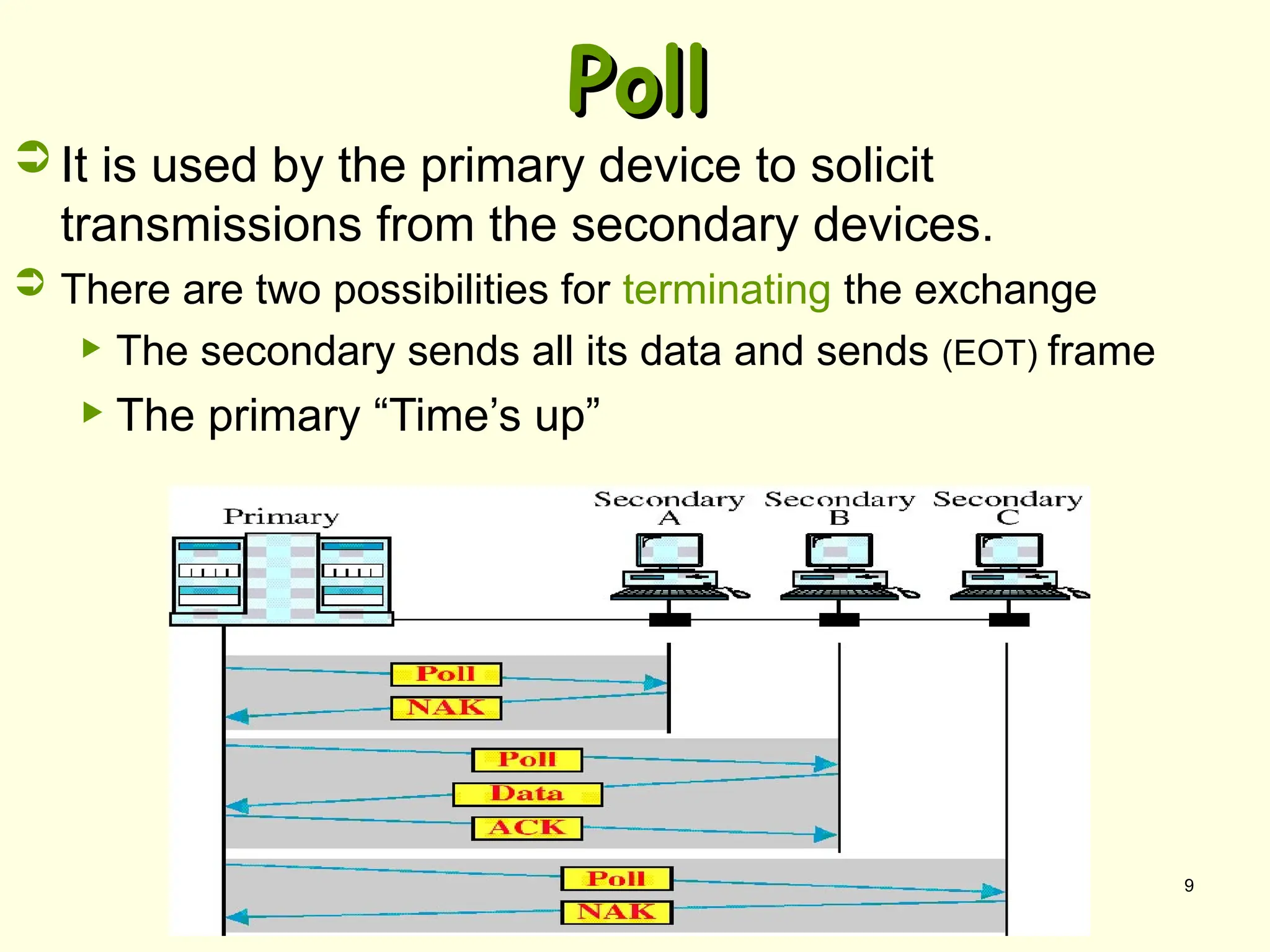 9
Poll
Poll
 It is used by the primary device to solicit
transmissions from the secondary devices.
 There are two possibilities for terminating the exchange
 The secondary sends all its data and sends (EOT) frame
 The primary “Time’s up”
 