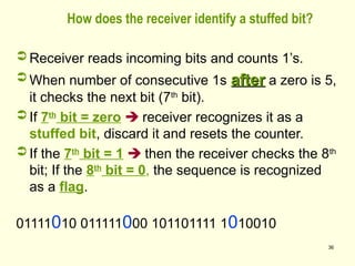 36
How does the receiver identify a stuffed bit?
 Receiver reads incoming bits and counts 1’s.
 When number of consecutive 1s after
after a zero is 5,
it checks the next bit (7th
bit).
 If 7th
bit = zero  receiver recognizes it as a
stuffed bit, discard it and resets the counter.
 If the 7th
bit = 1  then the receiver checks the 8th
bit; If the 8th
bit = 0, the sequence is recognized
as a flag.
01111010 011111000 101101111 1010010
 