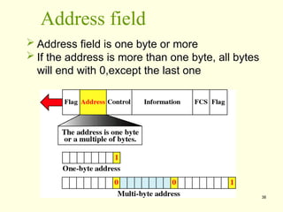 38
Address field
 Address field is one byte or more
 If the address is more than one byte, all bytes
will end with 0,except the last one
 