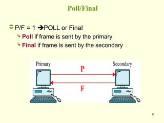 42
Poll/Final
 P/F = 1 POLL or Final
 Poll if frame is sent by the primary
 Final if frame is sent by the secondary
 