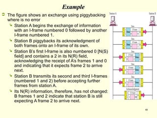 49
Example
Example
 The figure shows an exchange using piggybacking
where is no error
 Station A begins the exchange of information
with an I-frame numbered 0 followed by another
I-frame numbered 1.
 Station B piggybacks its acknowledgment of
both frames onto an I-frame of its own.
 Station B’s first I-frame is also numbered 0 [N(S)
field] and contains a 2 in its N(R) field,
acknowledging the receipt of A’s frames 1 and 0
and indicating that it expects frame 2 to arrive
next.
 Station B transmits its second and third I-frames
(numbered 1 and 2) before accepting further
frames from station A.
 Its N(R) information, therefore, has not changed:
B frames 1 and 2 indicate that station B is still
expecting A frame 2 to arrive next.
 
