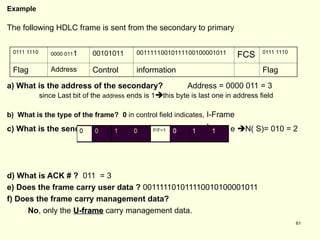 61
Example
The following HDLC frame is sent from the secondary to primary
a) What is the address of the secondary? Address = 0000 011 = 3
since Last bit of the address ends is 1this byte is last one in address field
b) What is the type of the frame? 0 in control field indicates, I-Frame
c) What is the sender sequence ? the 1st
bit is zero  I-Frame N( S)= 010 = 2
d) What is ACK # ? 011 = 3
e) Does the frame carry user data ? 001111101011110010100001011
f) Does the frame carry management data?
No, only the U-frame
U-frame carry management data.
0111 1110 0000 0111
1 00101011 00111110010111100100001011 FCS 0111 1110
Flag Address Control information Flag
 