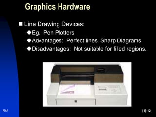 RM [1]-12
Graphics Hardware
 Line Drawing Devices:
Eg. Pen Plotters
Advantages: Perfect lines, Sharp Diagrams
Disadvantages: Not suitable for filled regions.
 