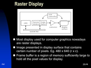 RM [1]-16
Raster Display
 Most display used for computer graphics nowadays
are raster displays.
 Image presented in display surface that contains
certain number of pixels. Eg. 480 x 640 (r x c).
 Frame buffer is a region of memory sufficiently large to
hold all the pixel values for display.
 