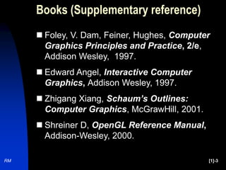 RM [1]-3
Books (Supplementary reference)
 Foley, V. Dam, Feiner, Hughes, Computer
Graphics Principles and Practice, 2/e,
Addison Wesley, 1997.
 Edward Angel, Interactive Computer
Graphics, Addison Wesley, 1997.
 Zhigang Xiang, Schaum’s Outlines:
Computer Graphics, McGrawHill, 2001.
 Shreiner D, OpenGL Reference Manual,
Addison-Wesley, 2000.
 
