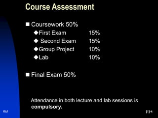 RM [1]-4
Course Assessment
 Coursework 50%
First Exam 15%
 Second Exam 15%
Group Project 10%
Lab 10%
 Final Exam 50%
Attendance in both lecture and lab sessions is
compulsory.
 