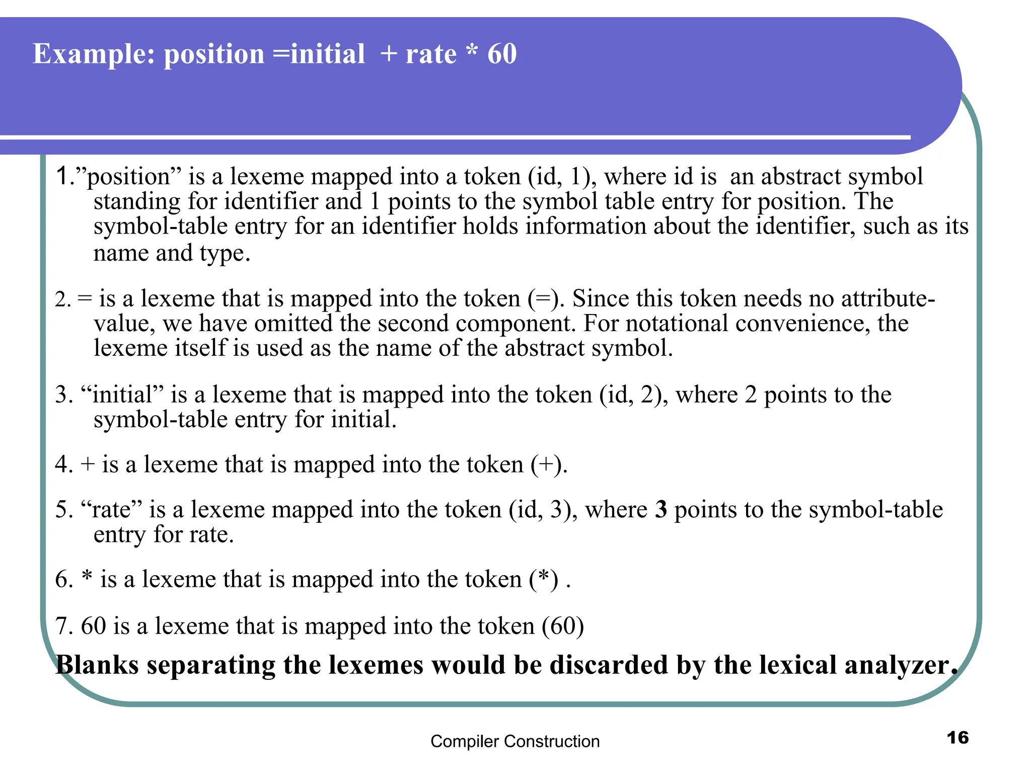 Compiler Construction 16
Example: position =initial + rate * 60
1.”position” is a lexeme mapped into a token (id, 1), where id is an abstract symbol
standing for identifier and 1 points to the symbol table entry for position. The
symbol-table entry for an identifier holds information about the identifier, such as its
name and type.
2. = is a lexeme that is mapped into the token (=). Since this token needs no attribute-
value, we have omitted the second component. For notational convenience, the
lexeme itself is used as the name of the abstract symbol.
3. “initial” is a lexeme that is mapped into the token (id, 2), where 2 points to the
symbol-table entry for initial.
4. + is a lexeme that is mapped into the token (+).
5. “rate” is a lexeme mapped into the token (id, 3), where 3 points to the symbol-table
entry for rate.
6. * is a lexeme that is mapped into the token (*) .
7. 60 is a lexeme that is mapped into the token (60)
Blanks separating the lexemes would be discarded by the lexical analyzer.
 