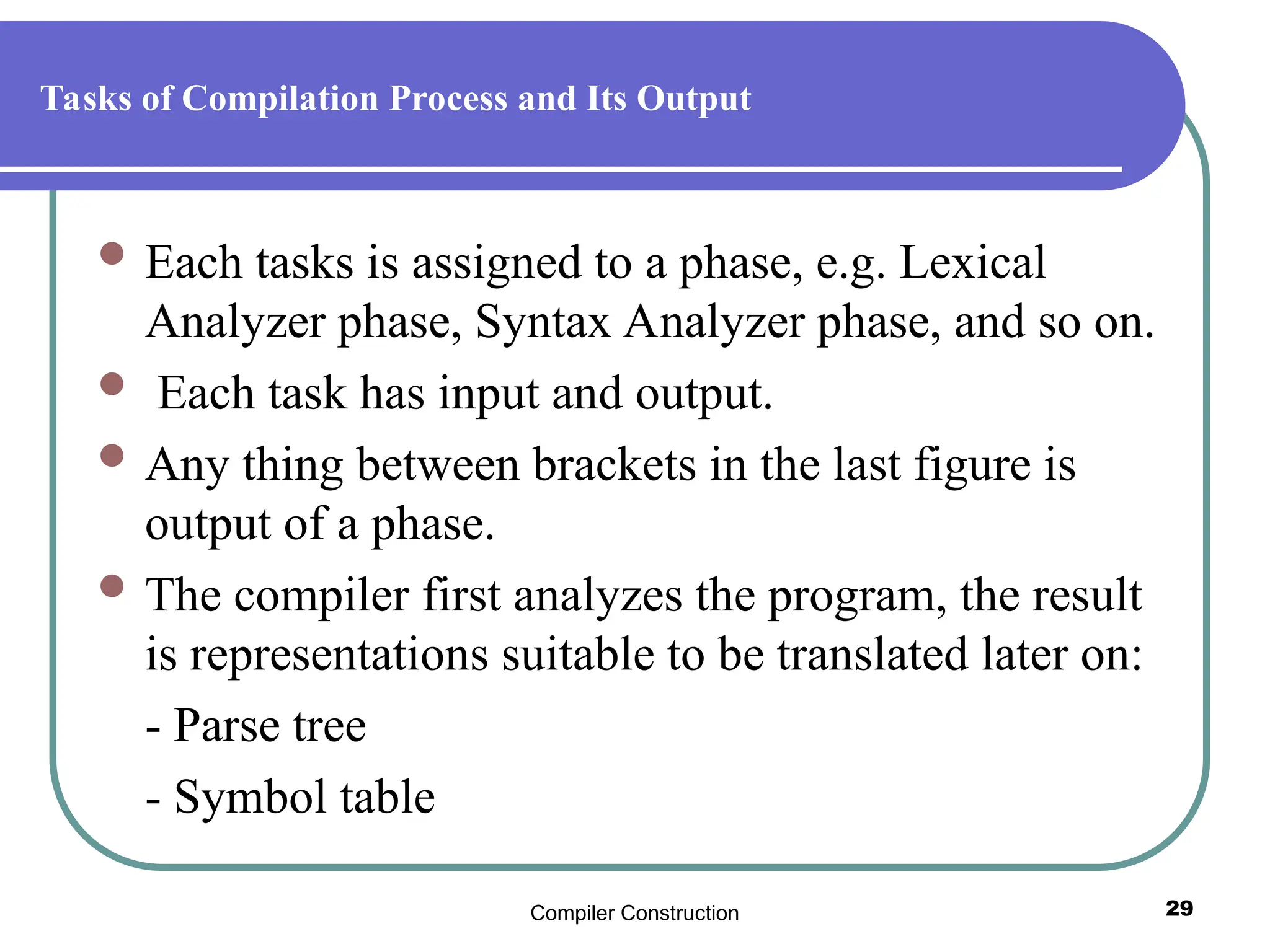 Compiler Construction 29
Tasks of Compilation Process and Its Output
 Each tasks is assigned to a phase, e.g. Lexical
Analyzer phase, Syntax Analyzer phase, and so on.
 Each task has input and output.
 Any thing between brackets in the last figure is
output of a phase.
 The compiler first analyzes the program, the result
is representations suitable to be translated later on:
- Parse tree
- Symbol table
 