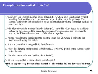 Compiler Construction 16
Example: position =initial + rate * 60
1.”position” is a lexeme mapped into a token (id, 1), where id is an abstract symbol
standing for identifier and 1 points to the symbol table entry for position. The
symbol-table entry for an identifier holds information about the identifier, such as its
name and type.
2. = is a lexeme that is mapped into the token (=). Since this token needs no attribute-
value, we have omitted the second component. For notational convenience, the
lexeme itself is used as the name of the abstract symbol.
3. “initial” is a lexeme that is mapped into the token (id, 2), where 2 points to the
symbol-table entry for initial.
4. + is a lexeme that is mapped into the token (+).
5. “rate” is a lexeme mapped into the token (id, 3), where 3 points to the symbol-table
entry for rate.
6. * is a lexeme that is mapped into the token (*) .
7. 60 is a lexeme that is mapped into the token (60)
Blanks separating the lexemes would be discarded by the lexical analyzer.
 