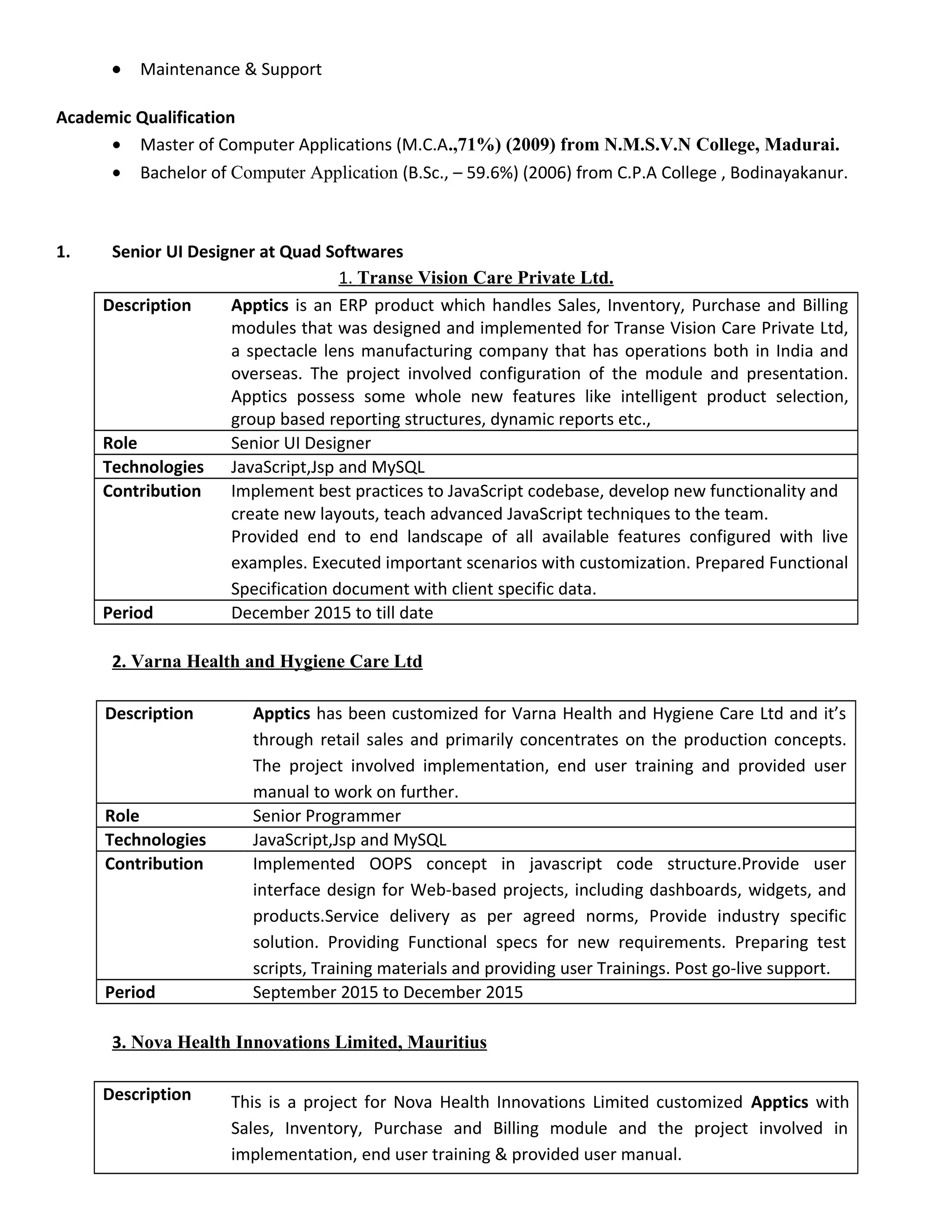 • Maintenance & Support
Academic Qualification
• Master of Computer Applications (M.C.A.,71%) (2009) from N.M.S.V.N College, Madurai.
• Bachelor of Computer Application (B.Sc., – 59.6%) (2006) from C.P.A College , Bodinayakanur.
1. Senior UI Designer at Quad Softwares
1. Transe Vision Care Private Ltd.
Description Apptics is an ERP product which handles Sales, Inventory, Purchase and Billing
modules that was designed and implemented for Transe Vision Care Private Ltd,
a spectacle lens manufacturing company that has operations both in India and
overseas. The project involved configuration of the module and presentation.
Apptics possess some whole new features like intelligent product selection,
group based reporting structures, dynamic reports etc.,
Role Senior UI Designer
Technologies JavaScript,Jsp and MySQL
Contribution Implement best practices to JavaScript codebase, develop new functionality and
create new layouts, teach advanced JavaScript techniques to the team.
Provided end to end landscape of all available features configured with live
examples. Executed important scenarios with customization. Prepared Functional
Specification document with client specific data.
Period December 2015 to till date
2. Varna Health and Hygiene Care Ltd
Description Apptics has been customized for Varna Health and Hygiene Care Ltd and it’s
through retail sales and primarily concentrates on the production concepts.
The project involved implementation, end user training and provided user
manual to work on further.
Role Senior Programmer
Technologies JavaScript,Jsp and MySQL
Contribution Implemented OOPS concept in javascript code structure.Provide user
interface design for Web-based projects, including dashboards, widgets, and
products.Service delivery as per agreed norms, Provide industry specific
solution. Providing Functional specs for new requirements. Preparing test
scripts, Training materials and providing user Trainings. Post go-live support.
Period September 2015 to December 2015
3. Nova Health Innovations Limited, Mauritius
Description This is a project for Nova Health Innovations Limited customized Apptics with
Sales, Inventory, Purchase and Billing module and the project involved in
implementation, end user training & provided user manual.
 