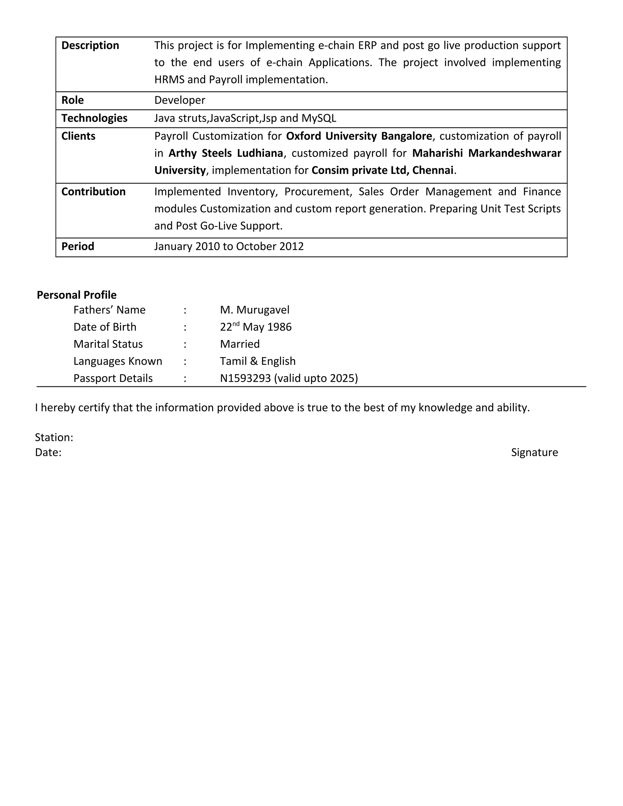 Description This project is for Implementing e-chain ERP and post go live production support
to the end users of e-chain Applications. The project involved implementing
HRMS and Payroll implementation.
Role Developer
Technologies Java struts,JavaScript,Jsp and MySQL
Clients Payroll Customization for Oxford University Bangalore, customization of payroll
in Arthy Steels Ludhiana, customized payroll for Maharishi Markandeshwarar
University, implementation for Consim private Ltd, Chennai.
Contribution Implemented Inventory, Procurement, Sales Order Management and Finance
modules Customization and custom report generation. Preparing Unit Test Scripts
and Post Go-Live Support.
Period January 2010 to October 2012
Personal Profile
Fathers’ Name : M. Murugavel
Date of Birth : 22nd
May 1986
Marital Status : Married
Languages Known : Tamil & English
Passport Details : N1593293 (valid upto 2025)
I hereby certify that the information provided above is true to the best of my knowledge and ability.
Station:
Date: Signature
 