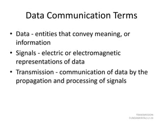 Data Communication Terms
• Data - entities that convey meaning, or
information
• Signals - electric or electromagnetic
representations of data
• Transmission - communication of data by the
propagation and processing of signals
TRANSMISSION
FUNDAMENTALS 2-24
 