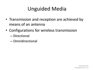 Unguided Media
• Transmission and reception are achieved by
means of an antenna
• Configurations for wireless transmission
– Directional
– Omnidirectional
TRANSMISSION
FUNDAMENTALS 2-35
 