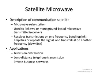 Satellite Microwave
• Description of communication satellite
– Microwave relay station
– Used to link two or more ground-based microwave
transmitter/receivers
– Receives transmissions on one frequency band (uplink),
amplifies or repeats the signal, and transmits it on another
frequency (downlink)
• Applications
– Television distribution
– Long-distance telephone transmission
– Private business networks
TRANSMISSION
FUNDAMENTALS 2-39
 