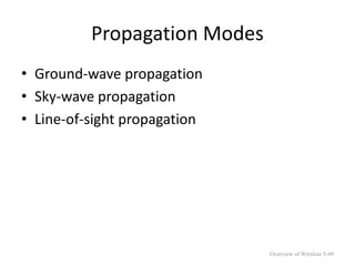 Propagation Modes
• Ground-wave propagation
• Sky-wave propagation
• Line-of-sight propagation
Overview of Wireless 5-49
 