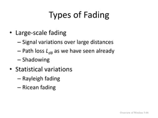 Types of Fading
• Large-scale fading
– Signal variations over large distances
– Path loss LdB as we have seen already
– Shadowing
• Statistical variations
– Rayleigh fading
– Ricean fading
Overview of Wireless 5-66
 