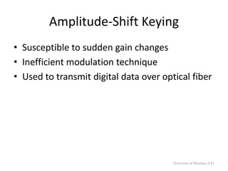 Amplitude-Shift Keying
• Susceptible to sudden gain changes
• Inefficient modulation technique
• Used to transmit digital data over optical fiber
Overview of Wireless 5-81
 