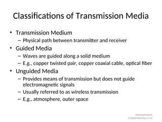 Classifications of Transmission Media
• Transmission Medium
– Physical path between transmitter and receiver
• Guided Media
– Waves are guided along a solid medium
– E.g., copper twisted pair, copper coaxial cable, optical fiber
• Unguided Media
– Provides means of transmission but does not guide
electromagnetic signals
– Usually referred to as wireless transmission
– E.g., atmosphere, outer space
TRANSMISSION
FUNDAMENTALS 2-34
 