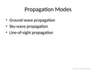Propagation Modes
• Ground-wave propagation
• Sky-wave propagation
• Line-of-sight propagation
Overview of Wireless 5-49
 